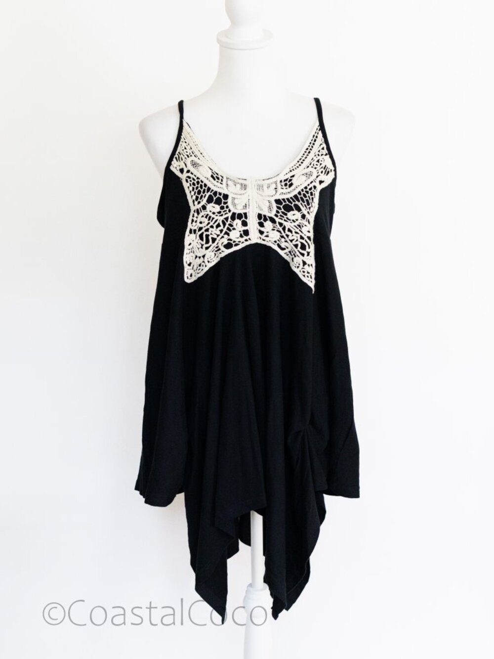 DenimCo Butterfly Black & White XL-1X Tank Top Lace Asymmetric 100% Cotton NWT